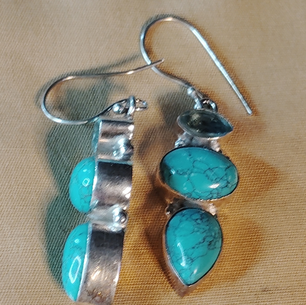 🔥KINGMAN TURQUOISE, LONDON BLUE TOPAZ, STERLING HYPOALLERGENIC EAR. 1-1/2" - Picture 5 of 12